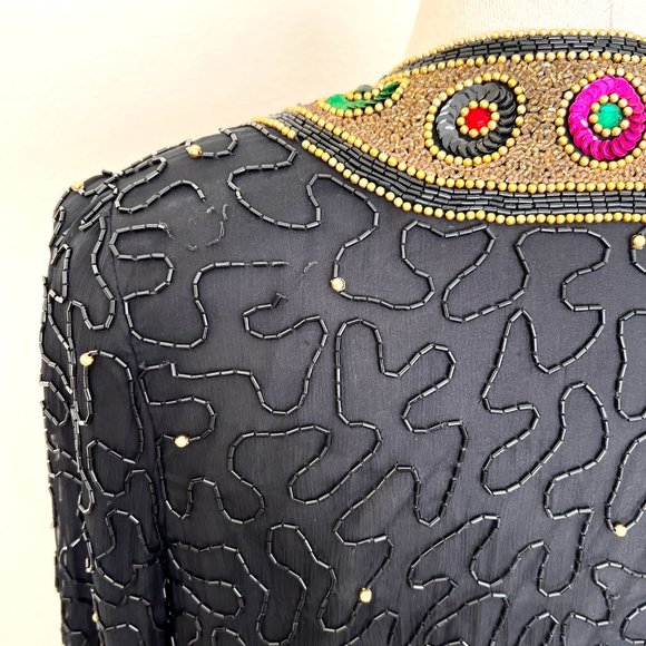 80's Silk Beaded Evening Jacket - Lawrence Kazar - SIze Petite Medium - Picture 9 of 11